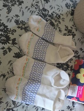 Bombas White Athletic Ankle Socks with Blue Honeycomb and Rainbow Accents 2 Pak